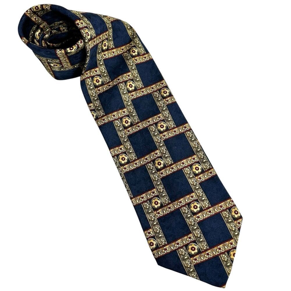 VTG Emilio Romano Handmade Neck Tie Navy Gold Silk Made In Italy